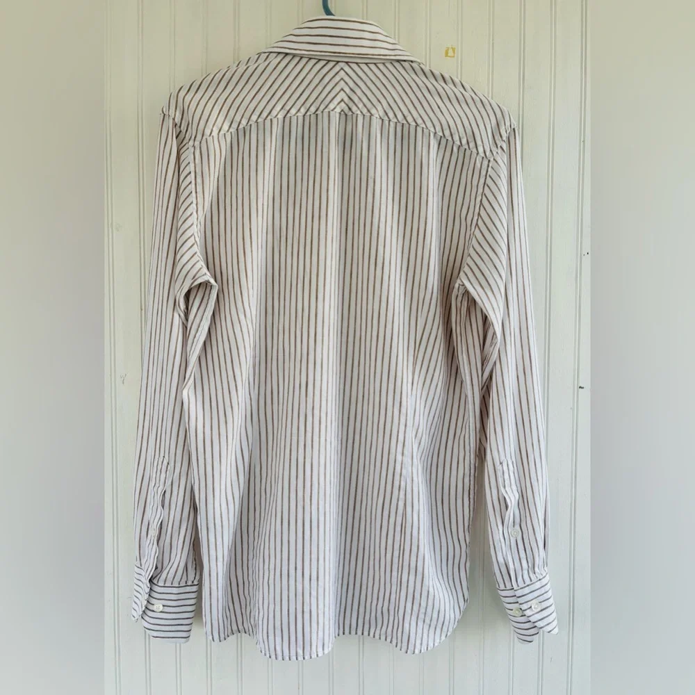 Banana Republic Men’s White Tan Striped Slim Linen-Cotton Dress Shirt Size Small